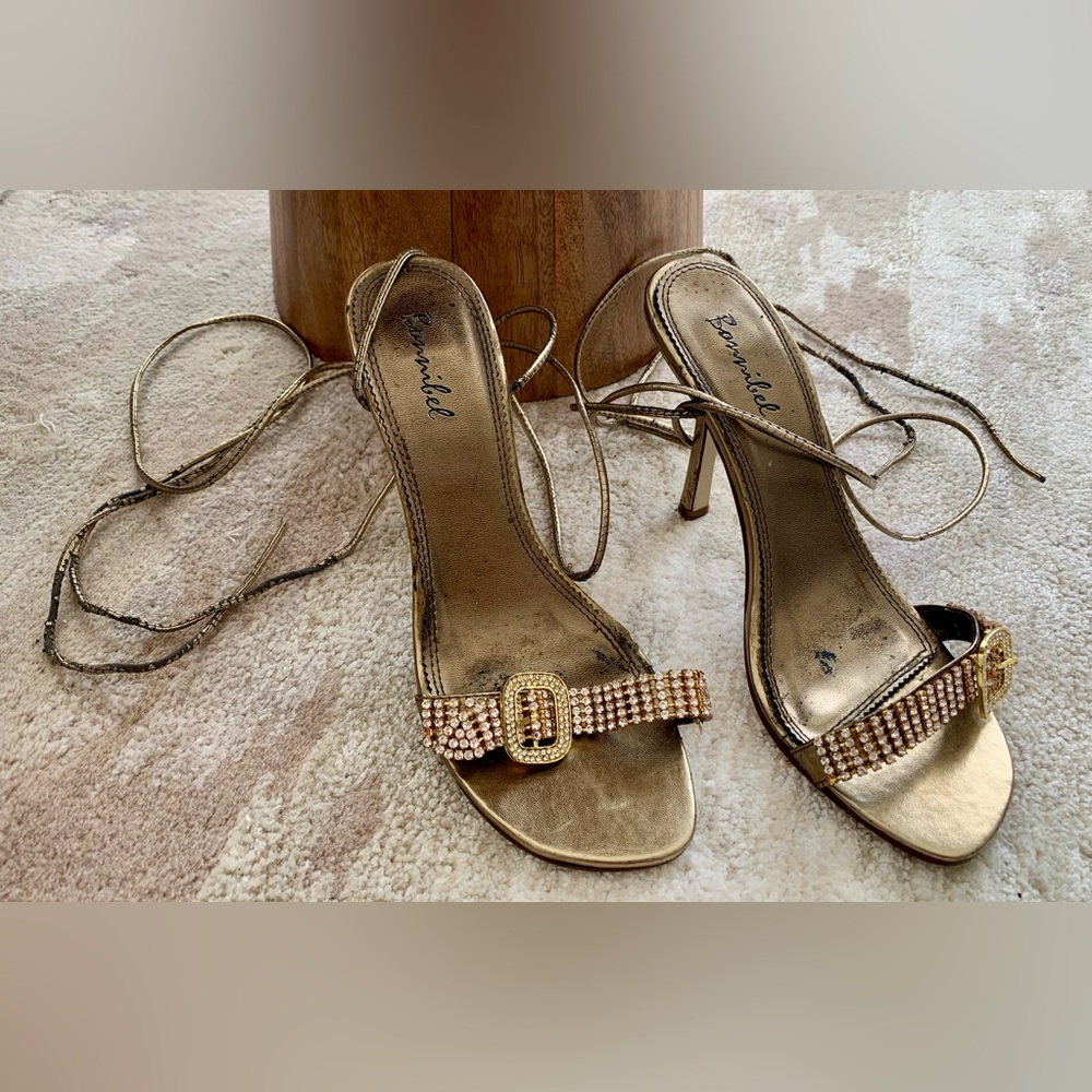 Bonnibel Gold Strappy Sandals with Embellished Buckle
